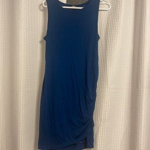 Blue fitted stretchy dress with gathering on side